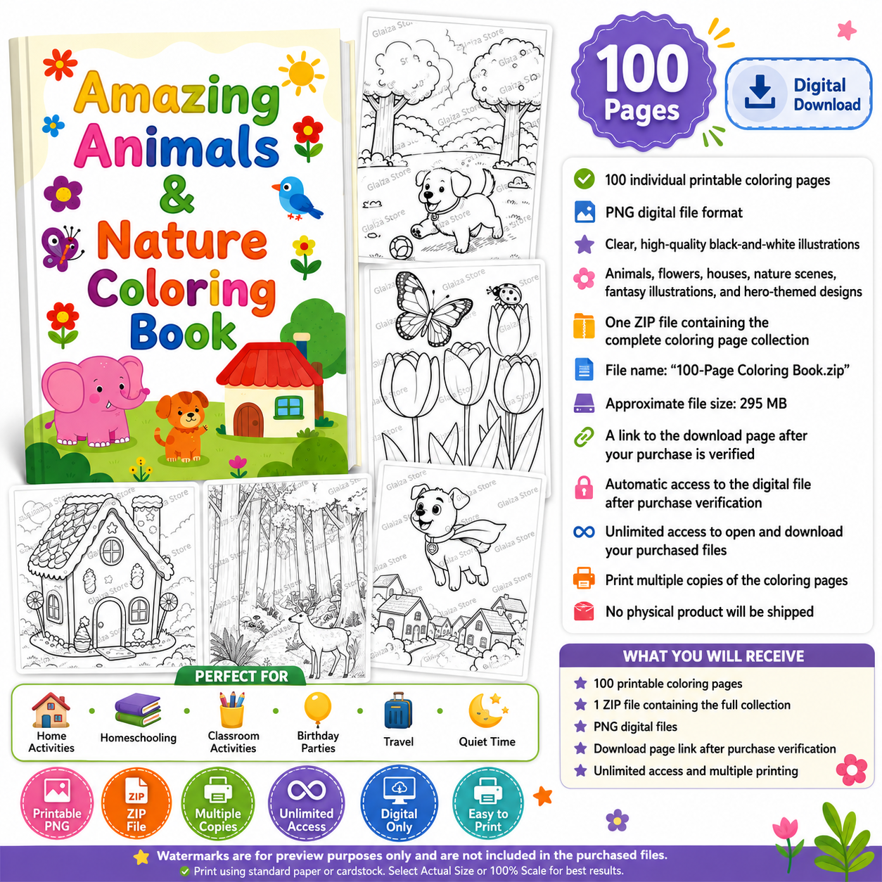 100 Printable PNG Coloring Pages Bundle | Animals, Nature & Fantasy