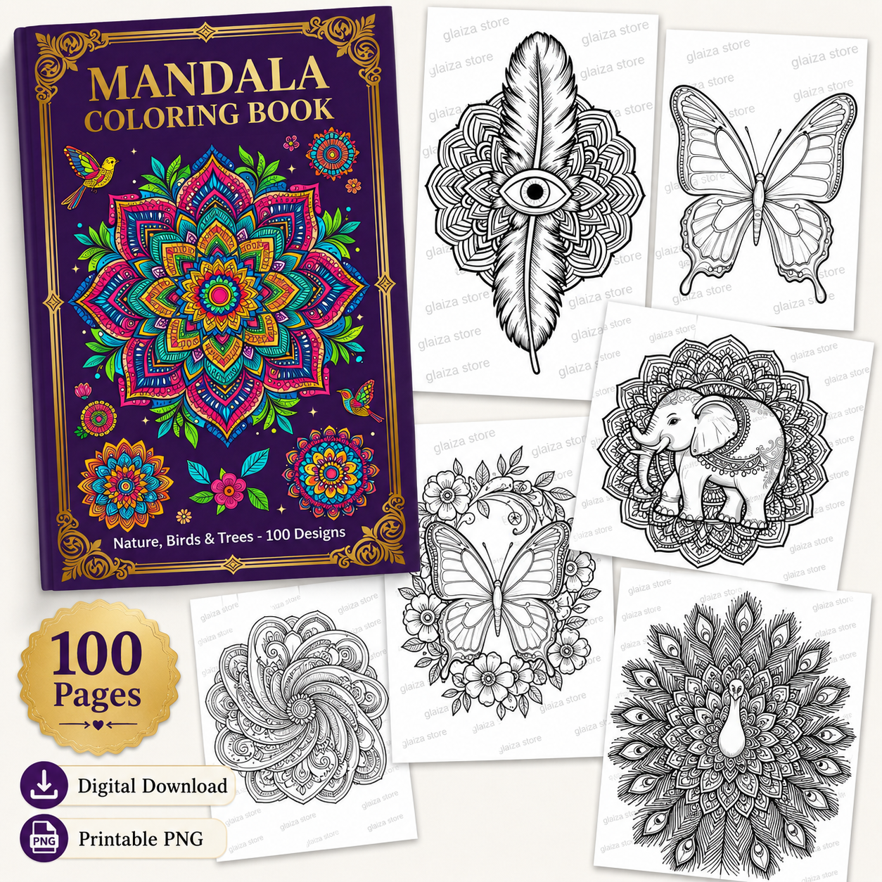 100-Page Mandala Coloring Book – Printable PNG Digital Download for Adults & Teens
