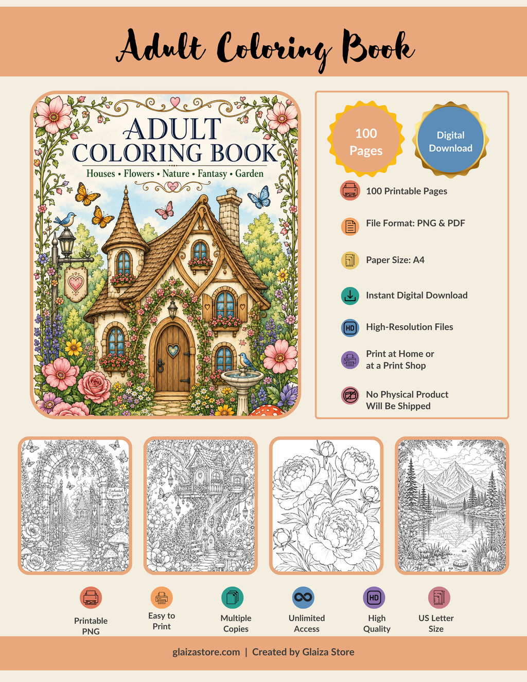 100-Page Adult Coloring Book – Houses, Flowers, Nature, Fantasy & Garden Printable A4 PNG and PDF