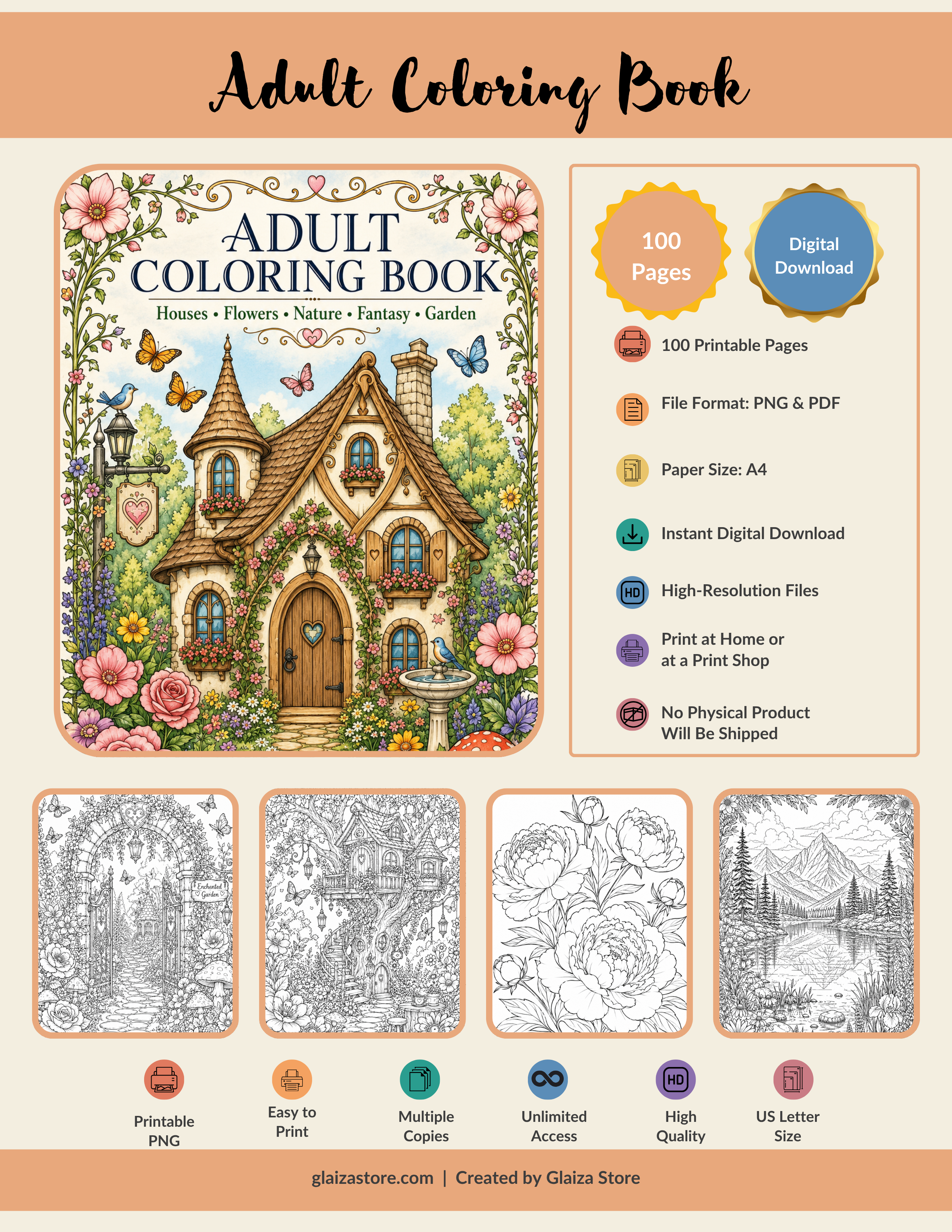 100-Page Adult Coloring Book – Houses, Flowers, Nature, Fantasy & Garden Printable A4 PNG and PDF