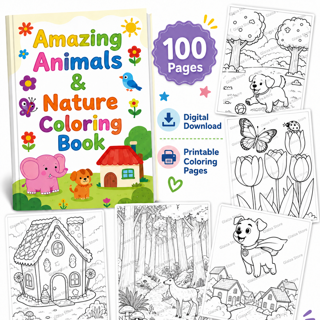 100 Printable PNG Coloring Pages Bundle | Animals, Nature & Fantasy