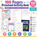 100 Pages Kids Printable Activity Book – Letters, Numbers, Tracing, Coloring & Learning Worksheets PNG
