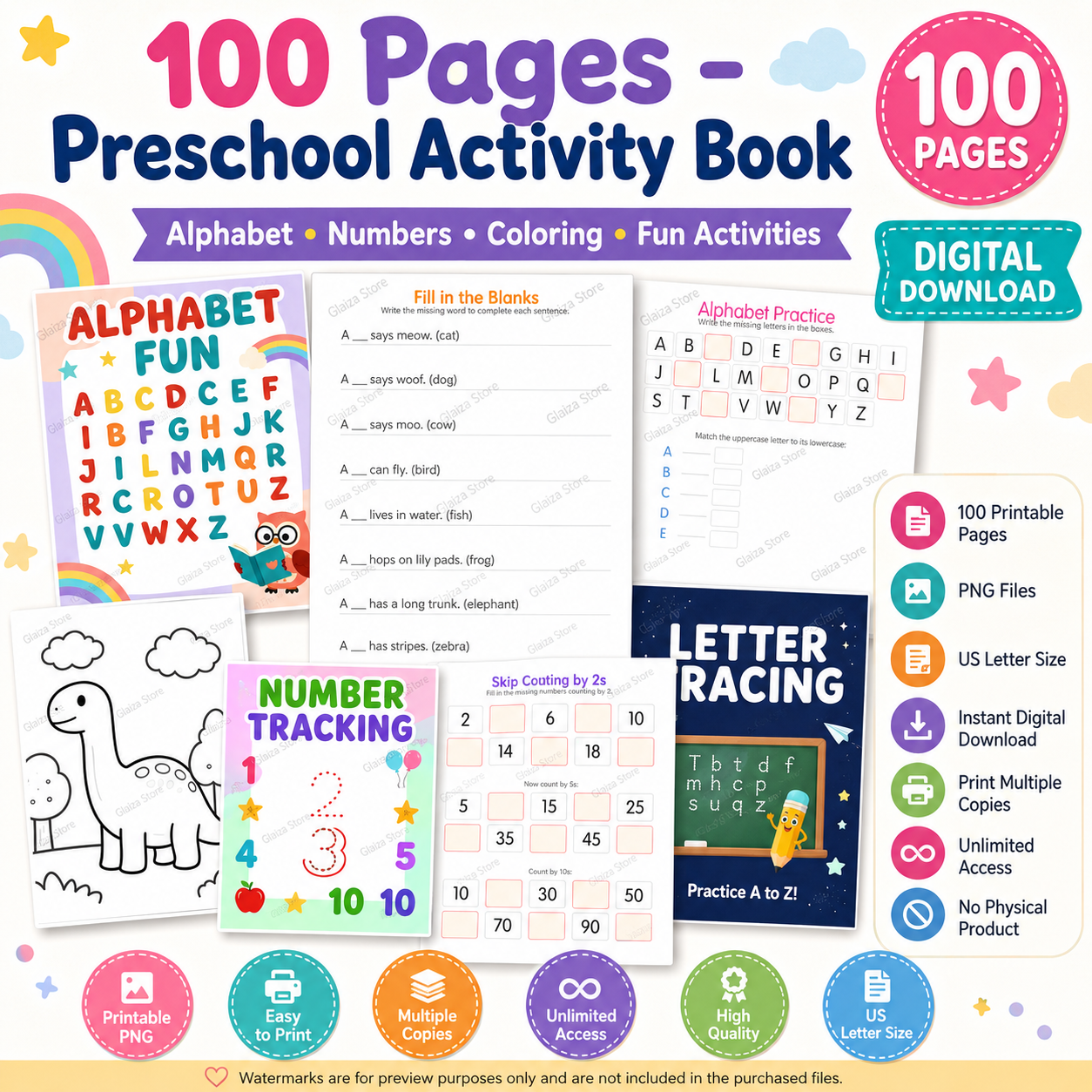 100 Pages Kids Printable Activity Book – Letters, Numbers, Tracing, Coloring & Learning Worksheets PNG