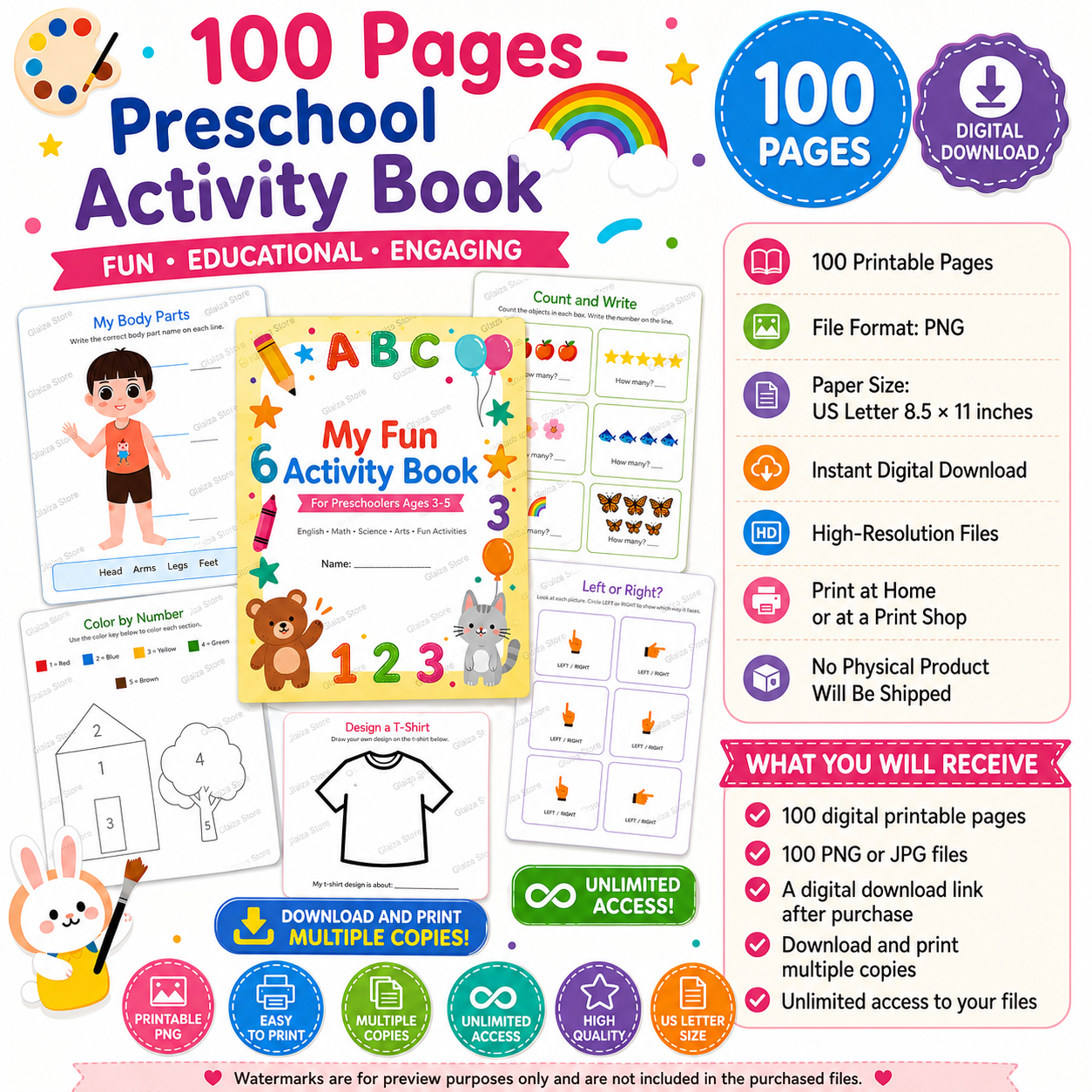 100-Page Preschool Activity Book | Printable Learning Worksheets for Ages 3–5