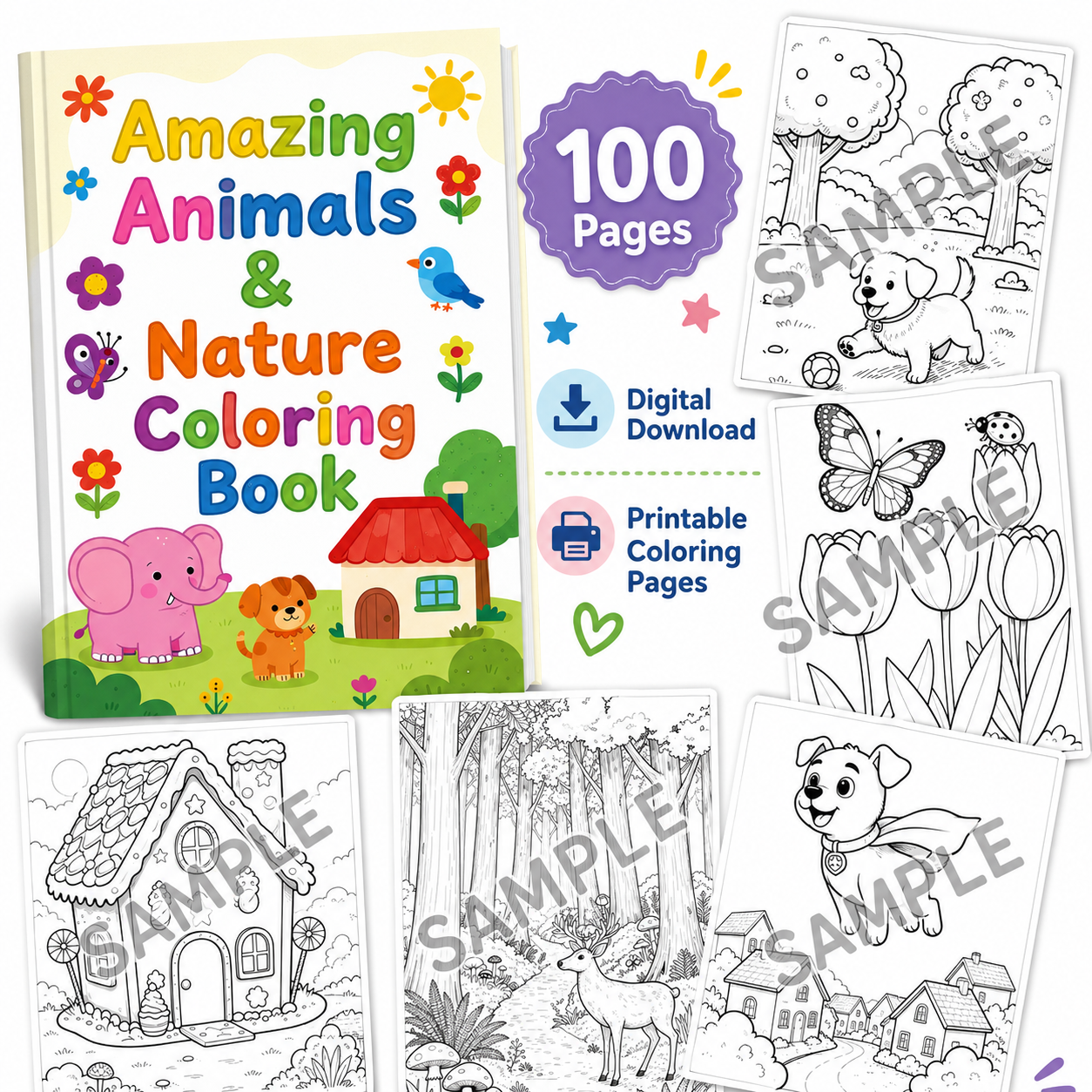 100 Printable PNG Coloring Pages Bundle | Animals, Nature & Fantasy