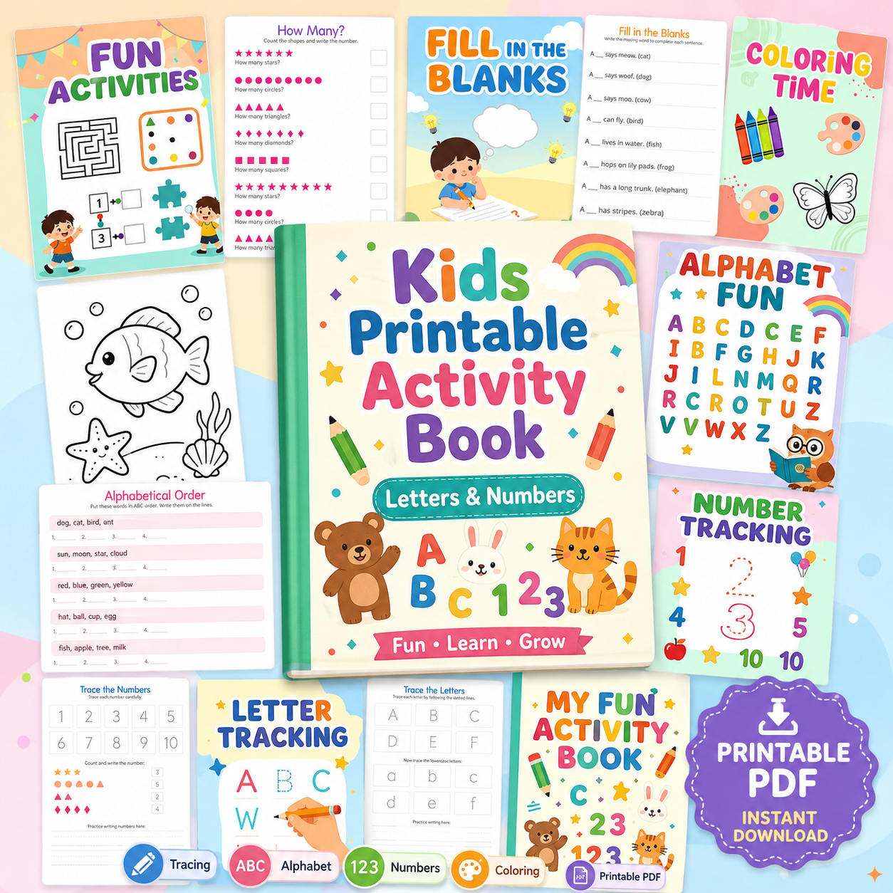 Kids Printable Activity Book – Letters, Numbers, Tracing, Coloring & Learning Worksheets PNG