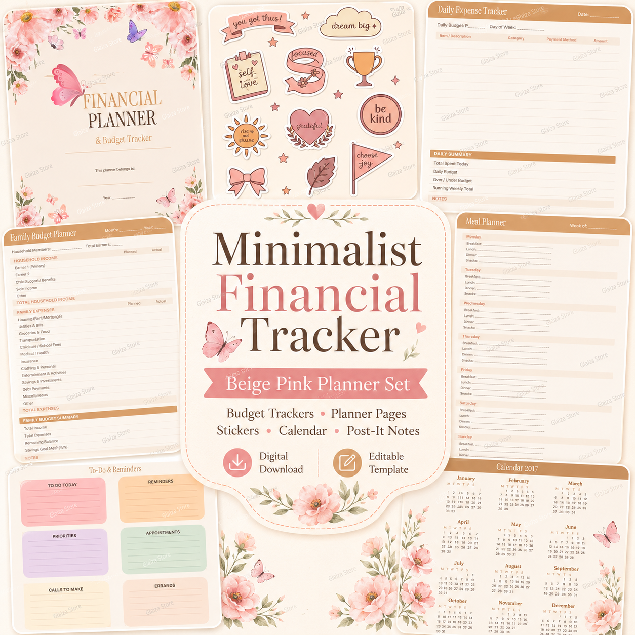 50-Page Minimalist Planner & Financial Tracker Bundle – Beige Pink Editable Digital Template with Stickers and Post-it Notes